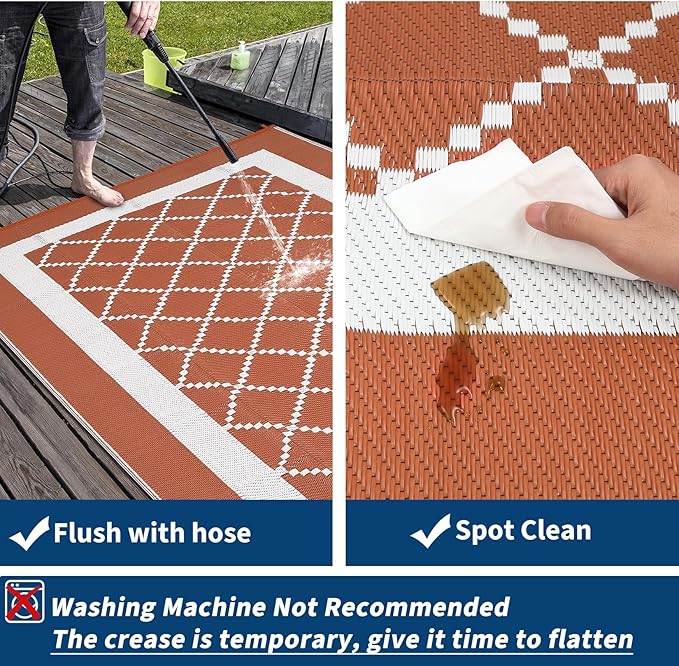Outdoor Rug 10x14 Waterproof Reversible Mat Indoor Outdoor Plastic Straw Rus Carpet All Weather Modern Trellis RV Mat Carpet for Patio Deck Balcony Pool Picnic Orange/White