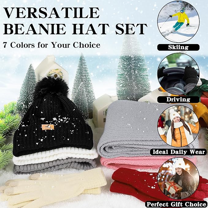 LOROME Women Winter Beanie Hat Scarf Gloves Set, Fleece Knitted Pompom Hat Warm Neck Scarf Touchscreen Gloves Winter Gift