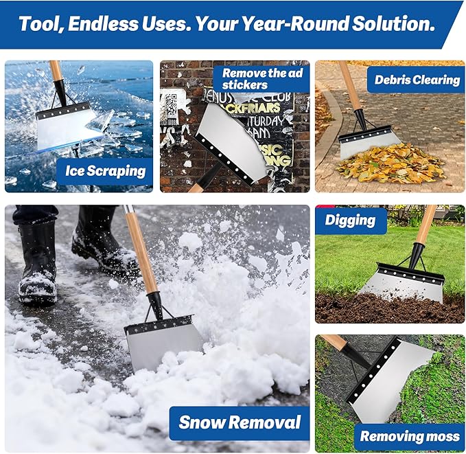 Iron Weeding Rake with 47.24" Long Handle, 9.25" Widened Garden Flat Shovel Ergonomic Auxiliary Handle for Weeding, Lawn Edging, Snow Removal, Ice Scraping-Tool-Free Assembly&Storage