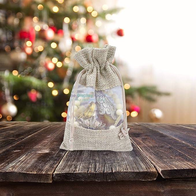 12-Pack Small Linen Burlap & Organza Gift Bags w. Drawstrings (3.5x5.5 in, Beige) - Party Favors, Presents, Samples & Treats Mesh Pouch by The Display Guys