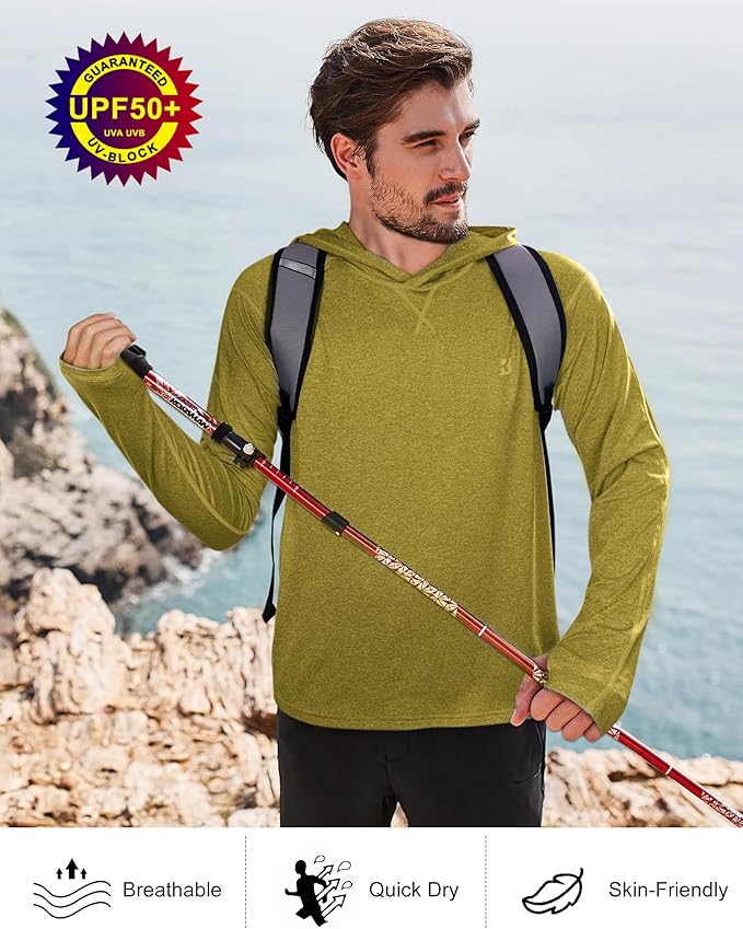 Roadbox Mens UPF 50+ Fishing Shirts, Long Sleeve UV Sun Hoodie, Hiking Running Swim Athletic Workout Shirt