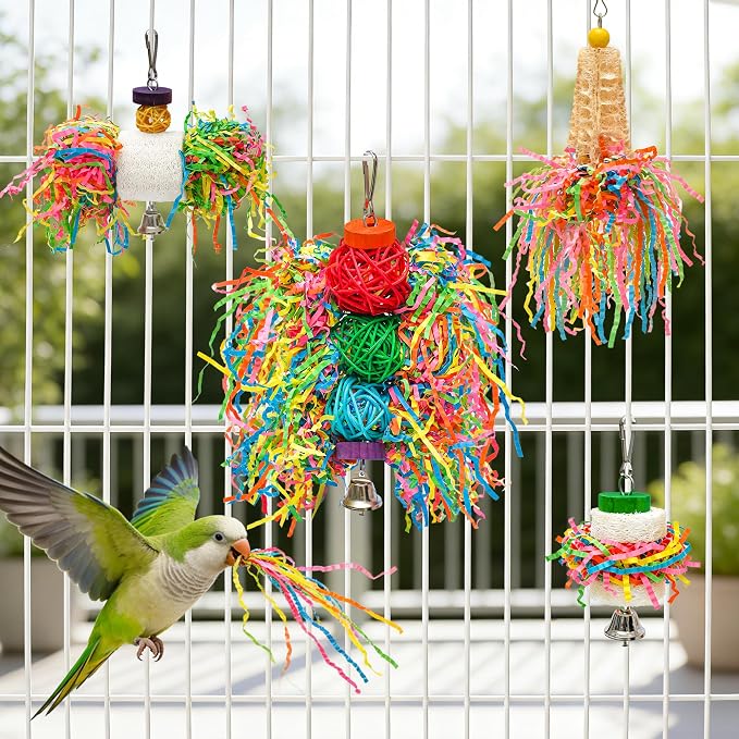 4PCS Bird Parrot Foraging Toys Parakeet Chewing Hanging Toy Shredded Paper Cage Accessories for Small Parrots Parakeets Conures Cockatiels Love Birds Cage Toy (4Pack)