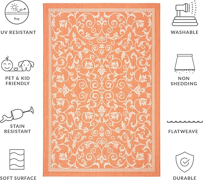 SAFAVIEH Washable Rug Outdoor Courtyard Collection - 5'3" x 7'7", Terracotta & Natural, Non-Shedding & Easy Cleaning, Ideal for Patio, Backyard, Mudroom (CY2098-3202)