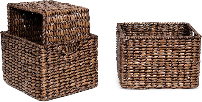 BIRDROCK HOME Storage Shelf Organizer Baskets with Handles - Handwoven Abaca Seagrass Wicker Basket for Pantry, Living Room, Office & Bathroom, Versatile Under Shelf Storage - Set of 3, Brown Wash