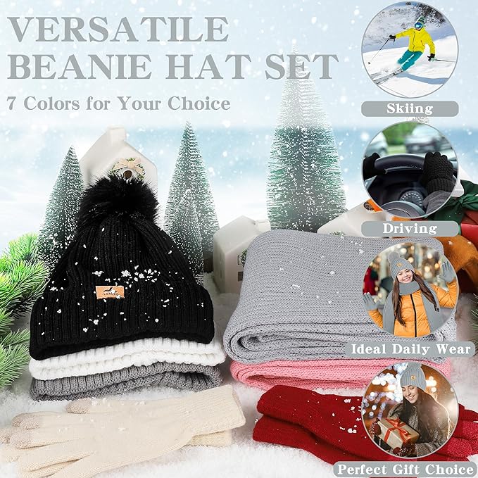 LOROME Women Winter Beanie Hat Scarf Gloves Set, Fleece Knitted Pompom Hat Warm Neck Scarf Touchscreen Gloves Winter Gift