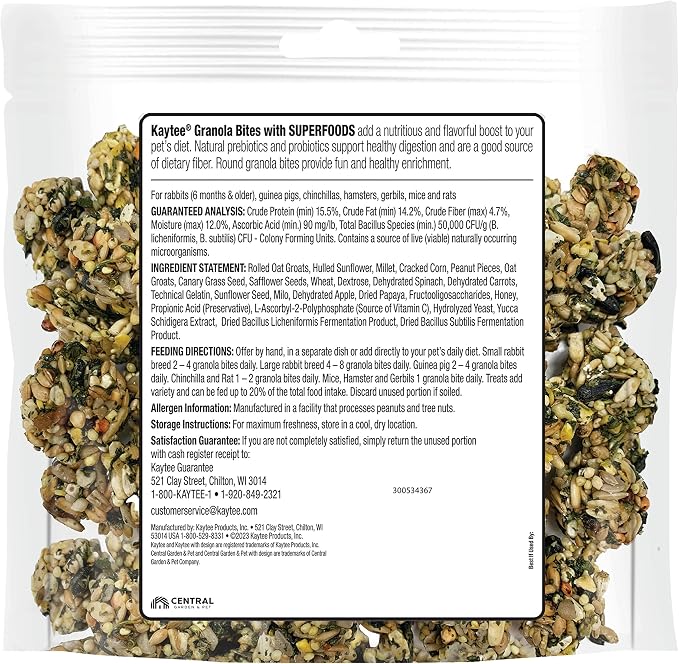 Kaytee Granola Bites with Superfoods Spinach and Carrot for Rats, Mice, Hamsters, Gerbils, Rabbits, Guinea Pigs and Chinchillas, 4.5oz