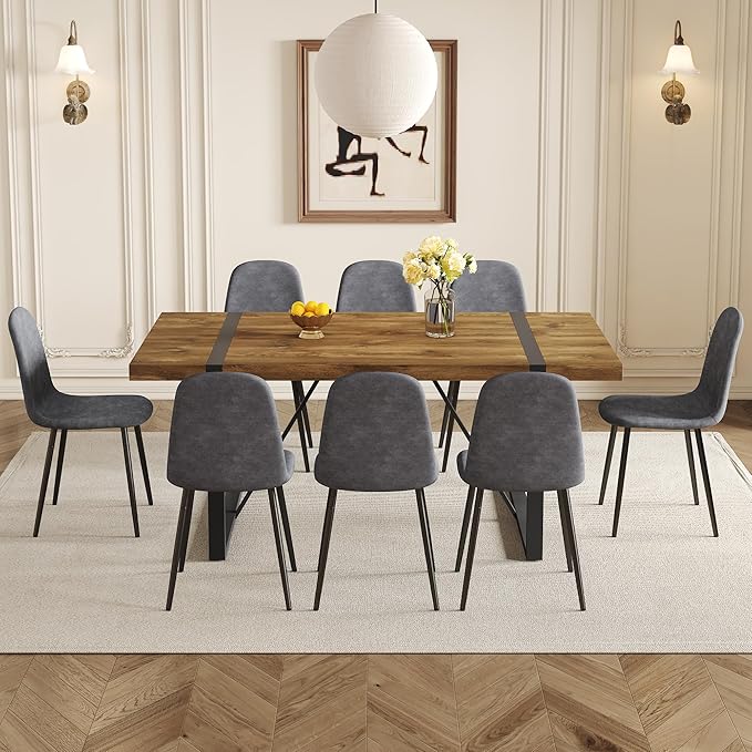 Dining Table Set for 8, Modern 71'' Dark Wood Dining Table and Fabric Dining Chairs Set of 8,Table and Chairs Set of 8,Ideal for Kitchen Dining Room