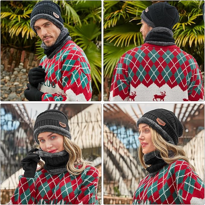 MAYLISACC Winter Knit Beanie Hat Neck Warmer Scarf and Touch Screen Gloves Set 3 Pcs Fleece Lined Skull Cap for Men Women