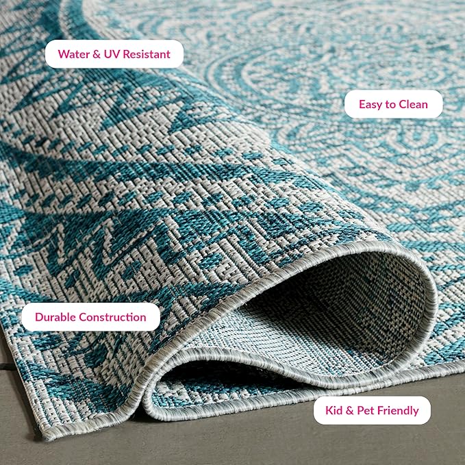 SAFAVIEH Washable Rug Outdoor Courtyard Collection - 9' x 12', Light Grey & Teal, Non-Shedding & Easy Cleaning, Ideal for Patio, Backyard, Mudroom (CY8734-37212)