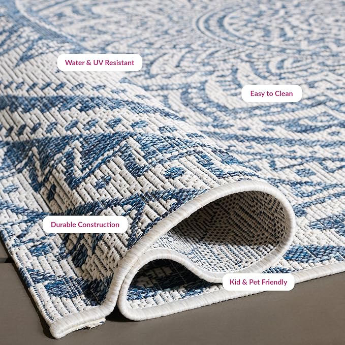 SAFAVIEH Courtyard Collection 2' 3" x 12' Ivory/Navy CY8734 Indoor/ Outdoor Easy Cleaning Patio Backyard Mudroom Runner Rug
