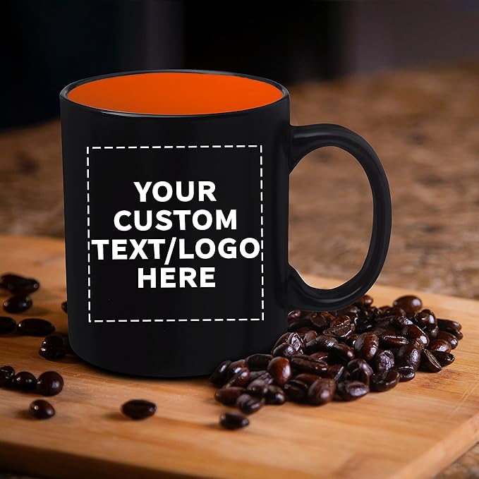 DISCOUNT PROMOS 10 Matte Two-Tone Coffee Mugs Set, 11 oz. - Customizable Text, Logo - Stoneware, Drinkware, Durable, C-handle - Orange