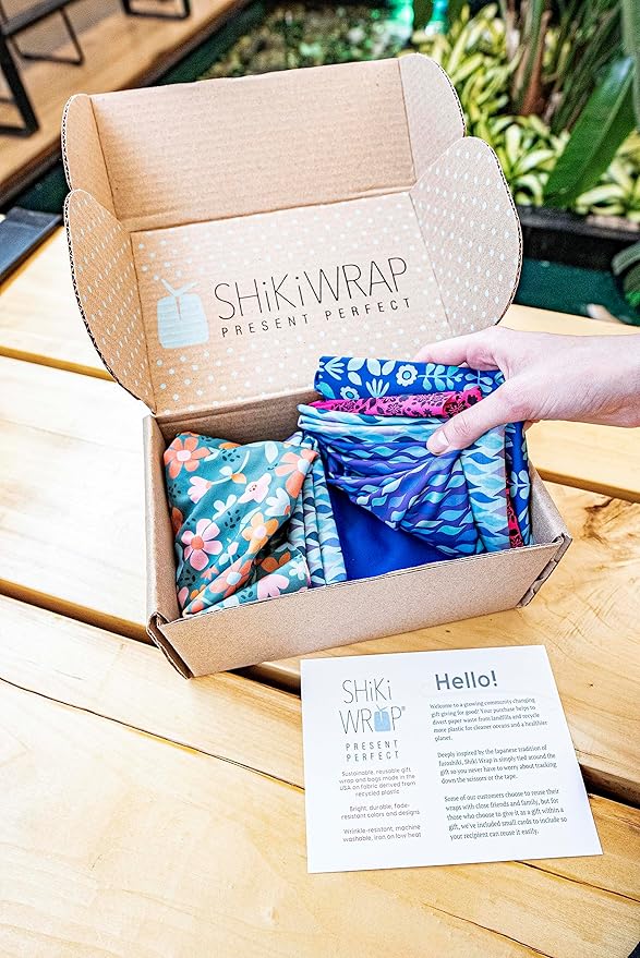 SHIKIWRAP Reusable Cloth Gift Wrap – 9-Pack Set, 3 Festive Patterns, Holiday Collection - Eco-Friendly, Reversible, Stretchy Furoshiki Fabric Wrap for Holidays, Special Occasions & Sustainable Living