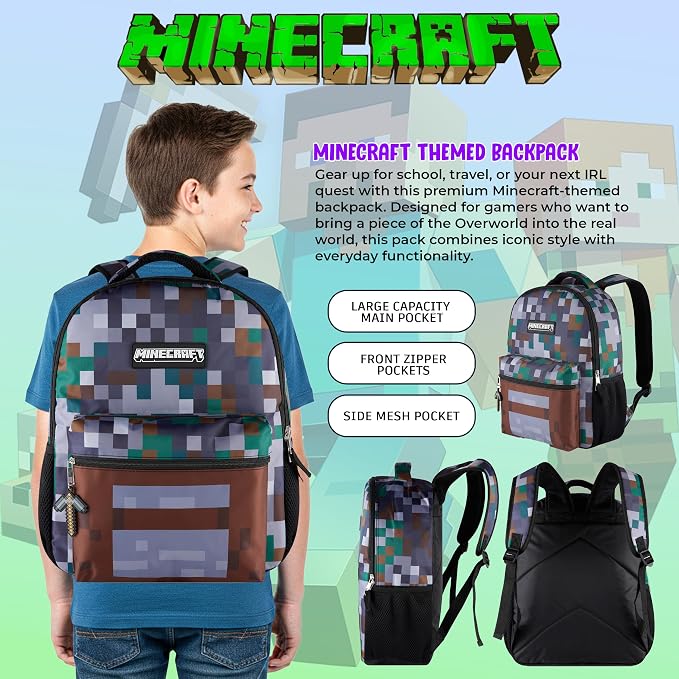 AI ACCESSORY INNOVATIONS Minecraft Backpack for Kids, Pixelated Block Print Design with Adjustable Straps, 16 Inch Rectangular Daypack, 3 Zippered Compartments, Water Repellent Polyester