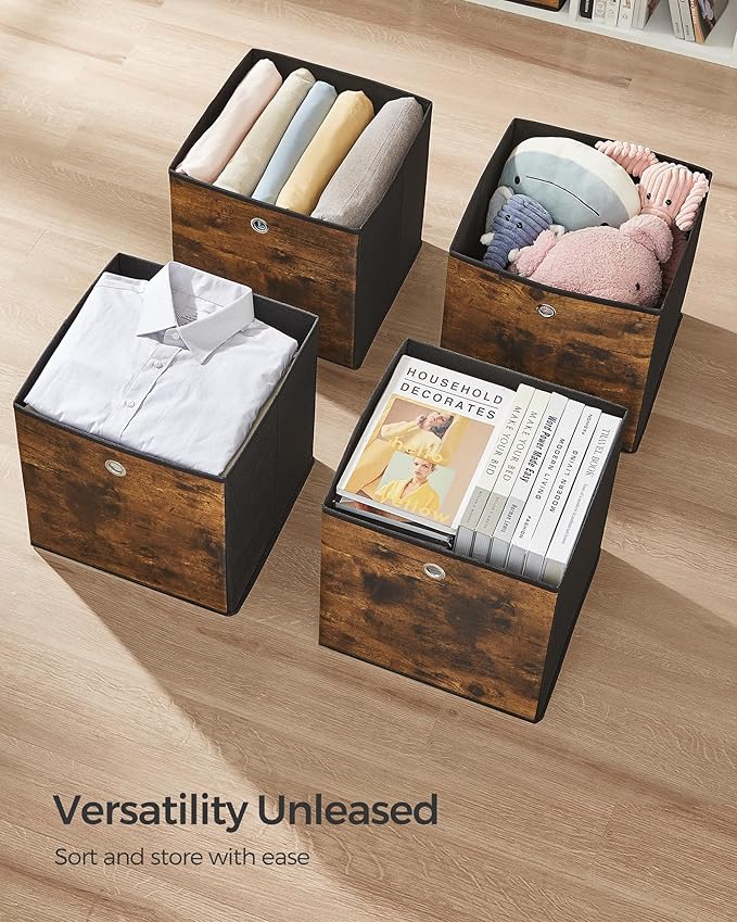 SONGMICS Storage Cubes, Set of 6 Storage Bins with Handles, Foldable Oxford Fabric and Non-Woven Fabric Storage Boxes, 13x13x13 Inches, Fit Cube Storage Unit, Rustic Brown URFB133B01