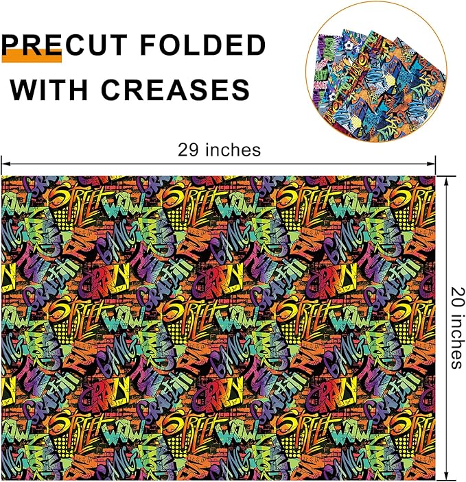 PlandRichW Graffiti Wrapping Paper Folded for Boys Girls Kids Adult Birthday 4 Styles of Sport with Lightning Basketball Football Crazy Graffiti Text, Pre-cut 12 Sheets Each 20" X 29"