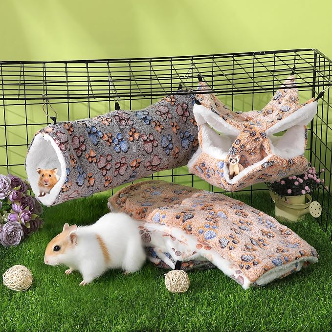 Sweetude 6 Pcs Hammock Tunnel Set for Small Pets,Cute,Paw | 3 Tier Hanging Hideout, Guinea Pig Hamster Chinchilla Ferret, Soft Plush Cage Accessories for Sleep Play and Rest