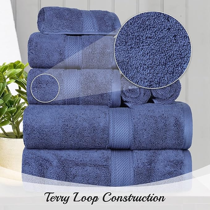 BLUENILEMILLS Madison Egyptian Cotton Towels, Towel Set for Bathroom, Shower, Hotel, Plush, 900 GSM, Highly Absorbent and Ultra-Soft Towels, Bath Essentials, 8 Piece Assorted Towel Set, Navy Blue
