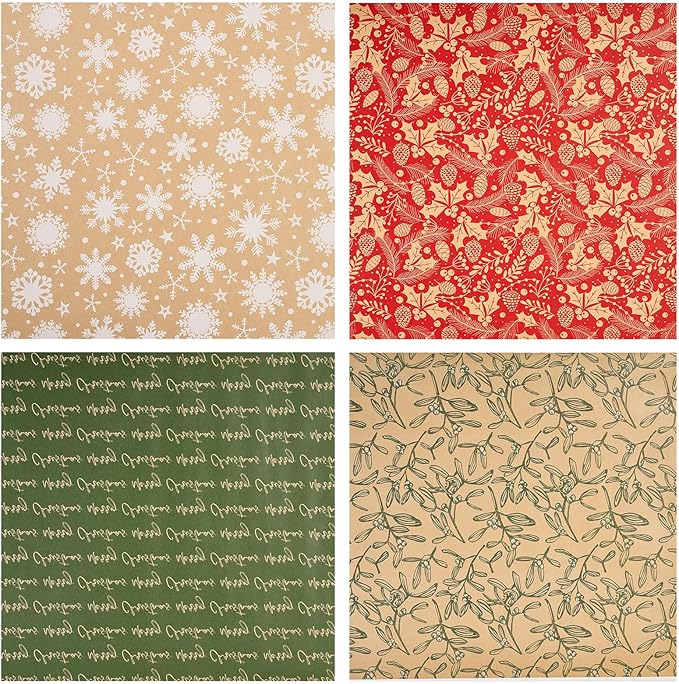 YANGTE Vintage Recyclable Christmas Wrapping Paper Rolls, Brown Kraft Wrapping Paper with Red and Green Pattern, Holiday Gift Wrapping Paper Christmas Rolls, 17x120 inch, 4 Rolls