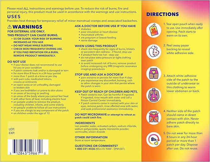 Midol Heat Vibes Menstrual Pain Relief Heat Patches - 6 Count Pack for Period Cramps and Backache