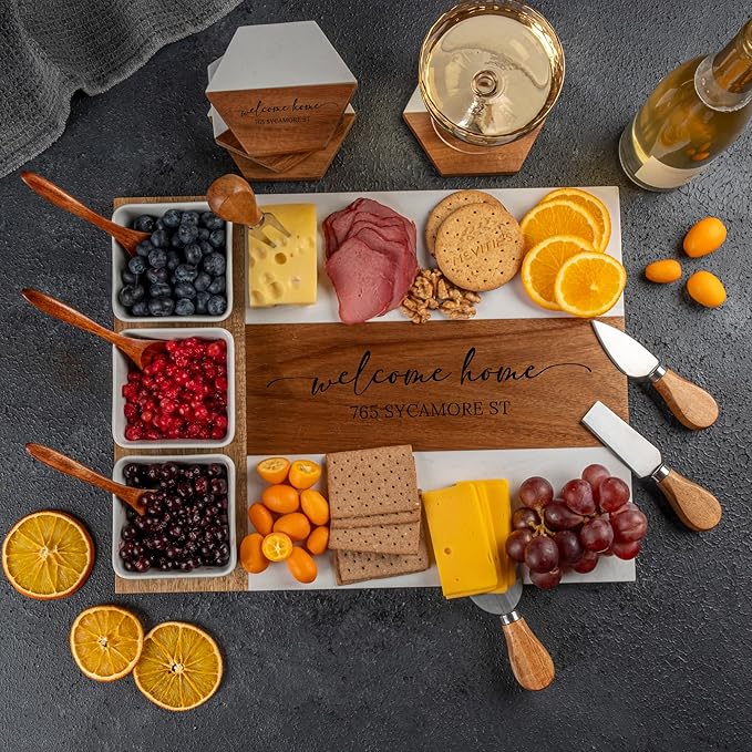 Personalized Charcuterie Board - Custom Engraved Wooden Marble Cheese Boards for Bridal Shower, Wedding, Housewarming, Birthday for Couples & Women