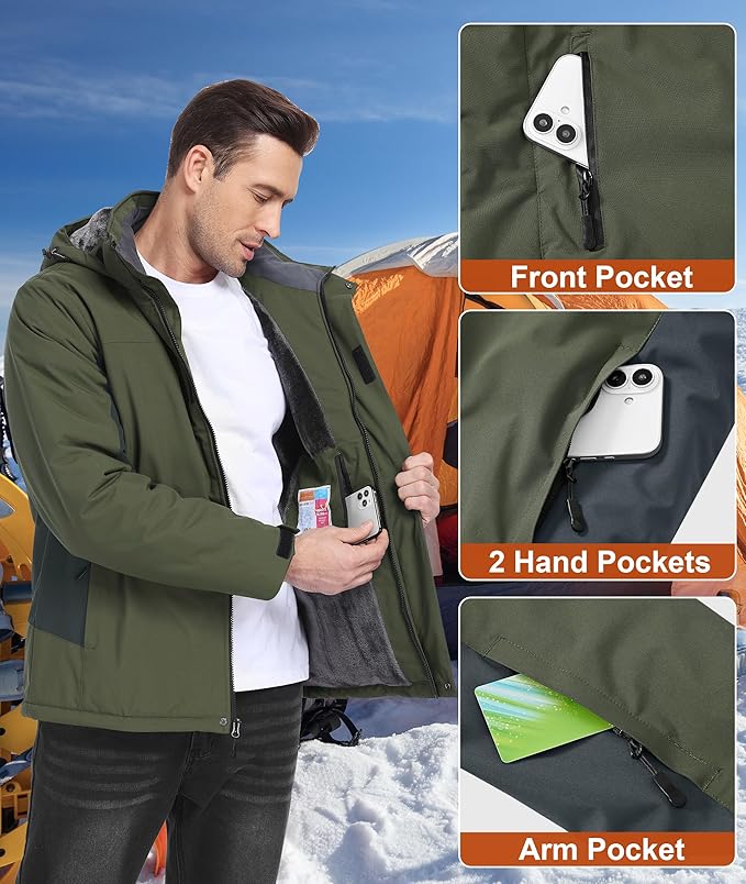 Mens Winter Snow Jacket Waterproof Ski Jackets Snowboard Rain Warm Coat Insulated Hood Fleece Lined