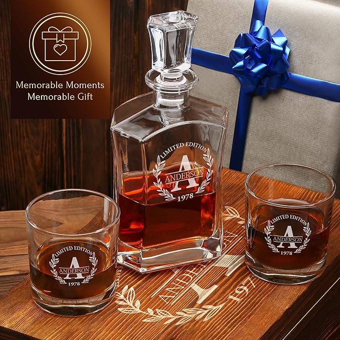 Personalized Whiskey Decanter and Glasses Set - Customized Gift for Him - Fathers Day Gift for Men, Dad, Father, Brother, Son - Engraved Old Fashioned Whiskey Decanter, 4 Glasses in Wooden Gift Box
