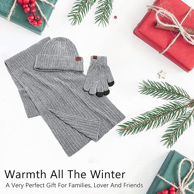 Womens Winter Knit Warm Hat Beanie Long Scarf Touch Screen Gloves Set Skull Caps Neck Scarves for Women