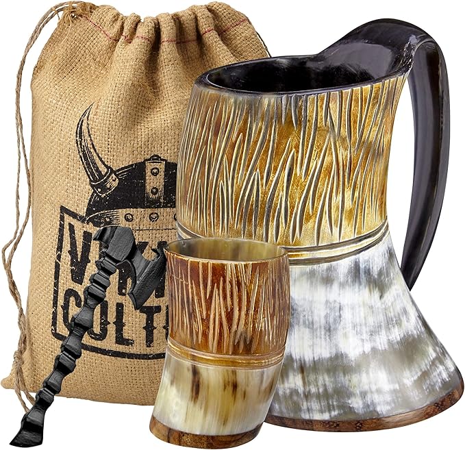 Viking Culture Ox Horn Mug, Shot Glass, and Axe Bottle Opener (3 Pc. Set) Authentic 16-oz. Ale, Mead, and Beer Tankard | Vintage Stein with Handle | Custom Intricate Design - Natural Finish | The Jarl