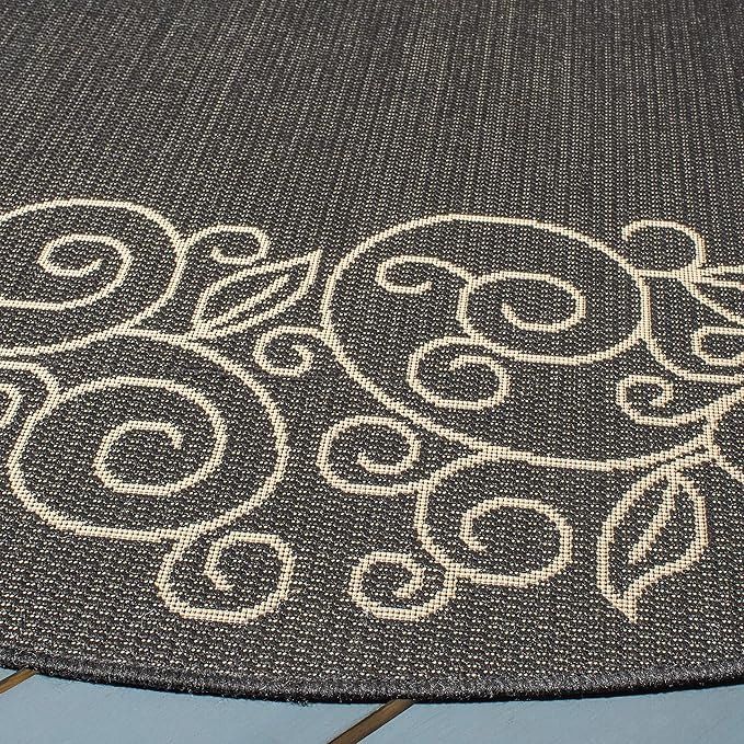 SAFAVIEH Washable Rug Outdoor Courtyard Collection - 6'7" Round, Black & Beige, Non-Shedding & Easy Cleaning, Ideal for Patio, Backyard, Mudroom (CY5139D)
