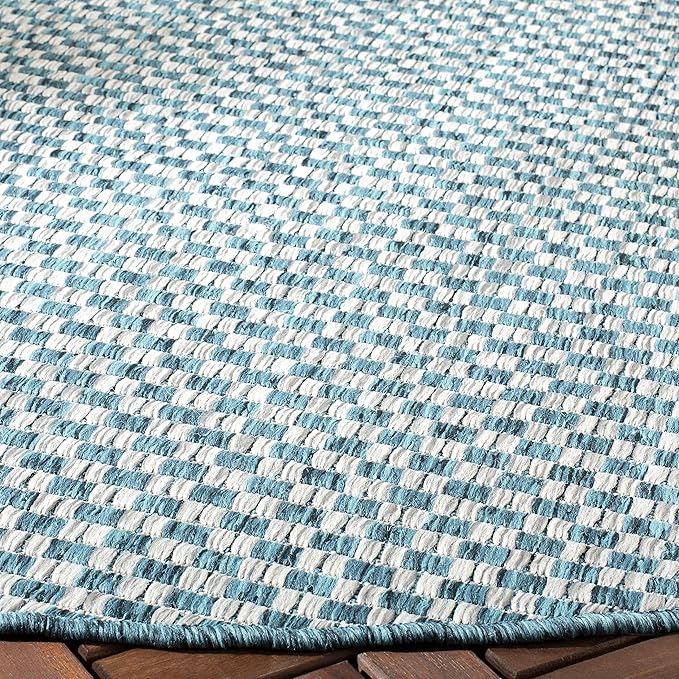SAFAVIEH Washable Rug Outdoor Courtyard Collection - 9' Round, Turquoise & Light Grey, Non-Shedding & Easy Cleaning, Ideal for Patio, Backyard, Mudroom (CY8653-37221)