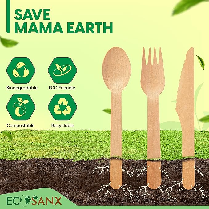 ECOSANX® 300 PCs Wooden spoons for eating, 6.5" Splinter Free small disposable spoons, Eco-Friendly, 100% All-Natural Compostable spoons for Outdoor, Bamboo spoon Disposable for Camping Events & More