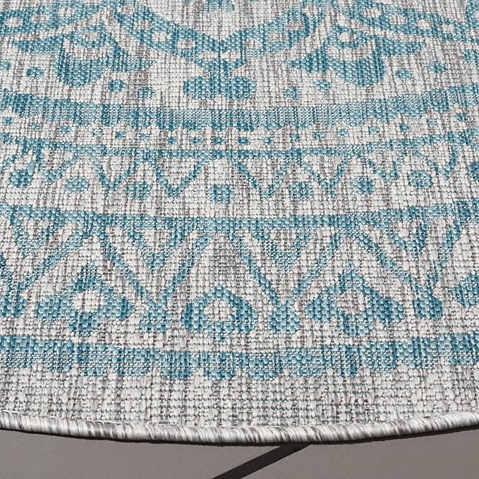 SAFAVIEH Courtyard Collection 9' Round Light Grey / Aqua CY8734 Indoor/ Outdoor Waterproof Easy Cleaning Patio Backyard Mudroom Area Rug