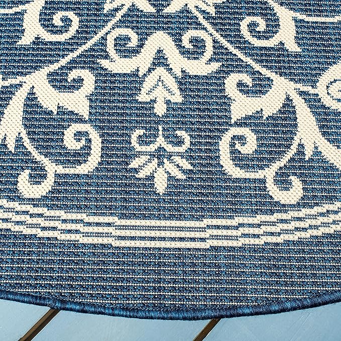 SAFAVIEH Courtyard Collection 4' Round Navy/Beige CY2098 Scroll Indoor/ Outdoor Waterproof Easy Cleaning Patio Backyard Mudroom Area Rug