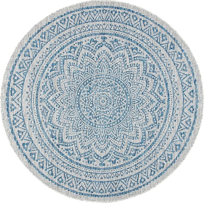 SAFAVIEH Washable Rug Outdoor Courtyard Collection - 9' Round, Light Grey & Blue, Non-Shedding & Easy Cleaning, Ideal for Patio, Backyard, Mudroom (CY8734-36812)