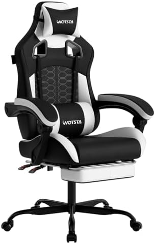 Gaming Chair with Massage,Ergonomic PC Gaming Chair with Footrest Comfortable Headrest and Lumbar Support,High Back PVC Leather,300LBS (Black White)