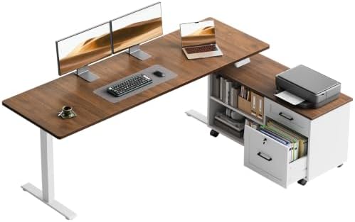 OffiGo 63" L Shaped Electric Standing Desk with Cabinet Sets, Walnut/White