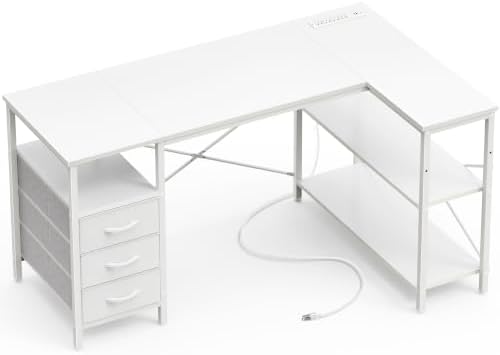 Huuger L Shaped Office Desk with Power Outlets & 3 Drawers