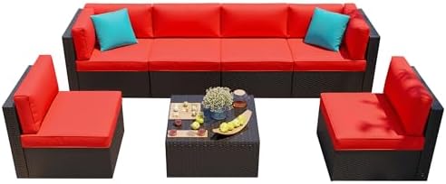 Shintenchi 7 Pieces Patio Furniture Sets Outdoor All-Weather Sectional Patio Sofa Set PE Rattan Manual Weaving Wicker Patio Conversation Set with Glass Table&Ottoman Cushion and Red Pillows, Red