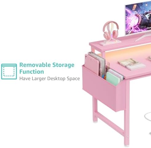 Lufeiya Girls Desk with Power Outlets and LED Lights, 40 Inch Gaming Desk Table with Charging Station, Home Office Computer Desks with Monitor, Pink