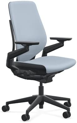 Steelcase Gesture Office Chair - Era Blue Nickel Fabric, Low Seat Height, Shell Back, Black on Black Frame, Lumbar Support, and Hard Floor Casters