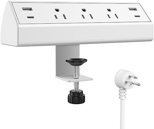 Jgstkcity Desk Clamp Power Strip,40W Total Fast Charging Station,2 PD 20W USB C Ports,Desk Edge Mount Surge Protector for Home, Office,3 Outlets,Fit 1.96" Tabletop Edge,ETL Listed,White