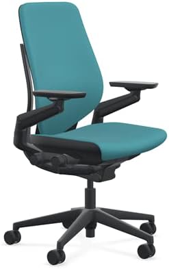 Steelcase Gesture Office Chair - Cogent: Connect Lagoon Fabric, Low Seat Height, Shell Back, Black on Black Frame, Lumbar Support, and Hard Floor Casters