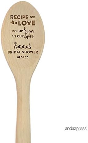 Andaz Press Personalized Laser Engraved Wooden Mixing Spoon, 12-inch, Recipe for Love 1 Cup Sugar 1/2 Cup Spice, Emma's Bridal Shower 01.04.20, 1-Pack, Custom Names and Date