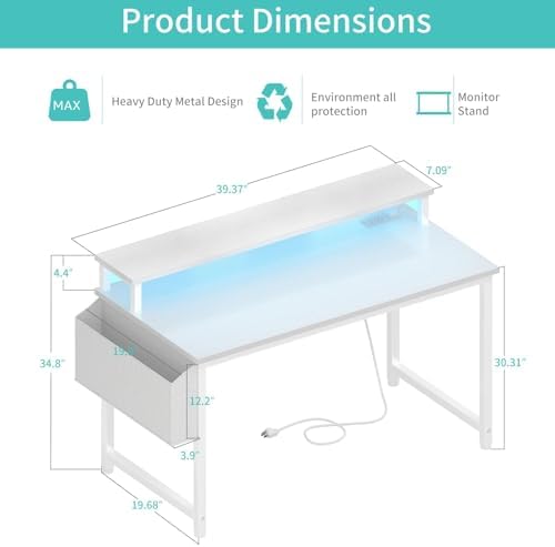 Lufeiya White Computer Desk with LED Lights and Power Outlets, 40 Inch Home Office Desks with Monitor Stand, Teen Writing Study Table Gaming Desk with Charging Station, White