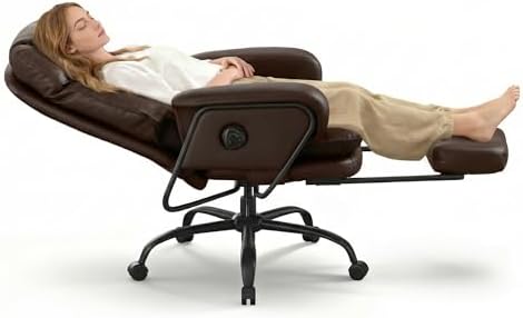 FLEXISPOT Multi-Task Ergonomic Office Chair with Footrest Computer Desk Chairs Indoor Lounge Chair with 90-165° 4-Level Reclining, Chairs for Working Relaxing Sleeping, PU Leather, Brown, Basic Back