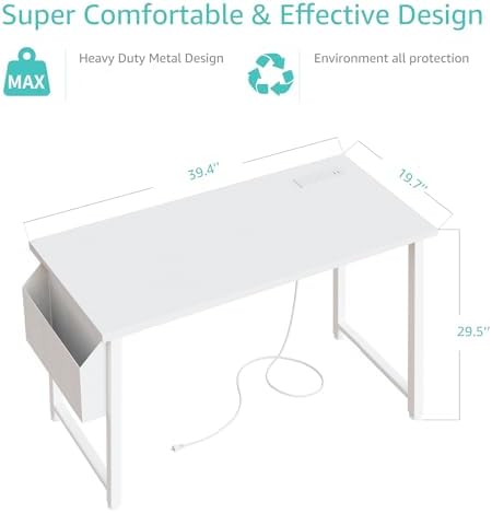 Lufeiya White Computer Desk with Power Outlet, 40 inch Simple Teen Study Table Home Office Work Writing Desks with Charging Station Outlets USB Port Built in, Storage Pocket，White