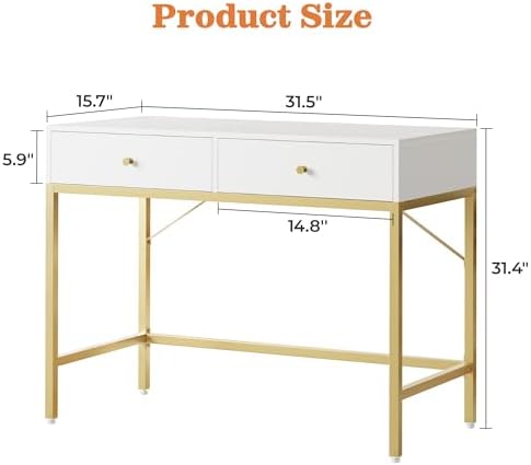 SUPERJARE 31.5" White and Gold Desk with 2 Drawers, Modern Vanity Desk