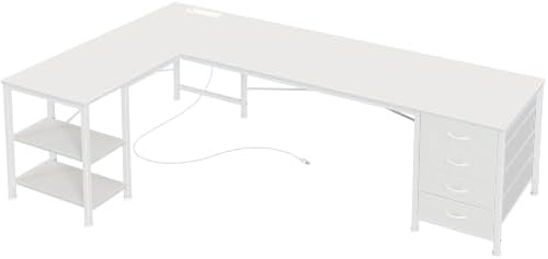 Huuger 63 Inch L Shaped Desk with Fabric Drawers, Reversible Computer Gaming Desk with Power Outlets and USB-C Port, Adjustable Side Storage Shelves, for Work Study Corner Home Office, White