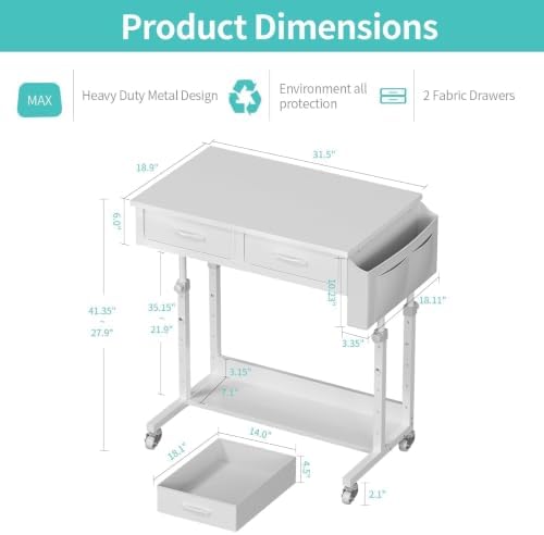 WINAZ Small Rolling Standing Desk with Drawers & Storage, 32 Inch Height Adjustable Desk on Wheels for Teachers, Students, Portable Mobile Workstation for Home Office, Small Spaces, Sewing & Crafts