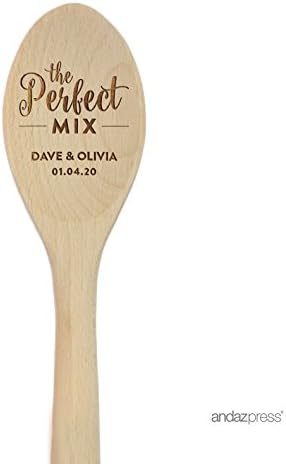 Andaz Press Personalized Laser Engraved Wooden Mixing Spoon, 12-inch, The Perfect Mix Dave & Olivia 01.04.20, 1-Pack, Custom Names and Date